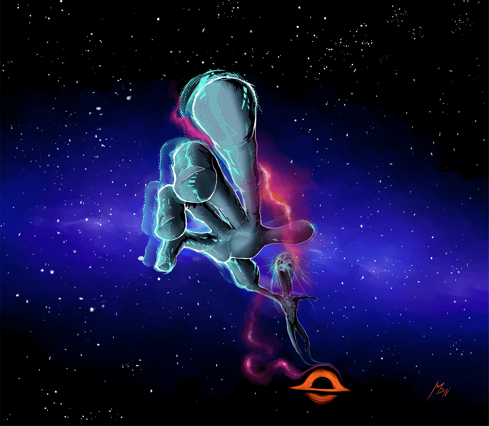 FALLING, digital artwork di una figura attratta da un buco nero, illustrazione concettuale disegnata a mano — Design by Marco De Nicolò