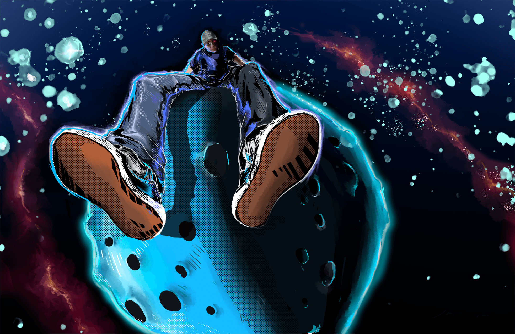 FROM THE MOON, illustrazione digitale di una figura seduta su un asteroide nello spazio, concept art — Design by Marco De Nicolò