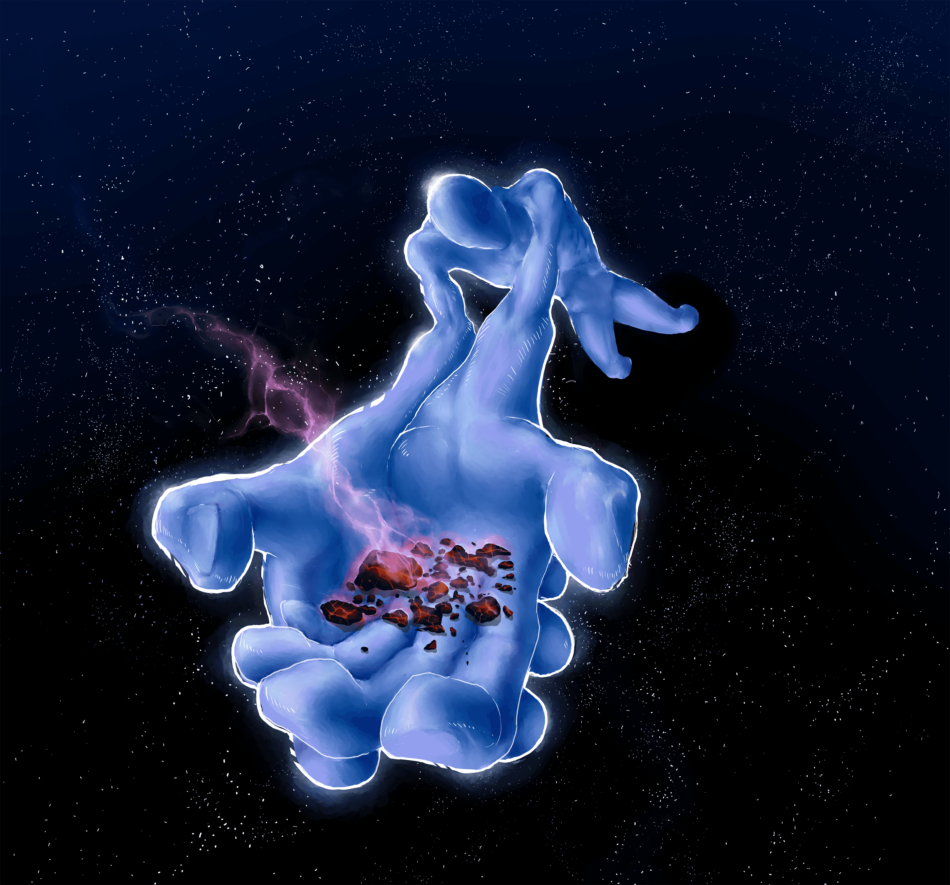 MALDESTRO, digital artwork di una figura eterea blu, visual design concettuale — Design by Marco De Nicolò
