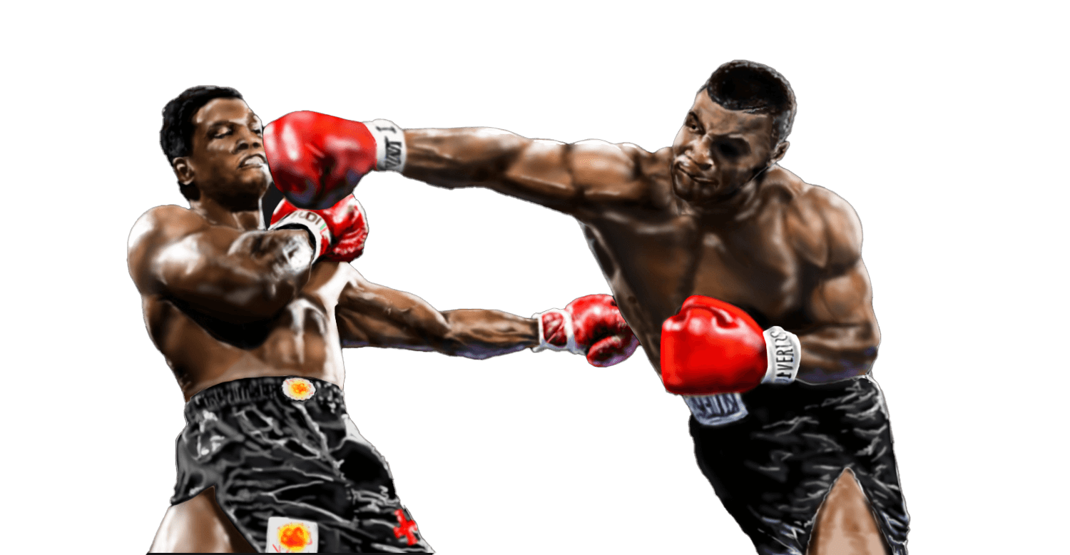 Mike Tyson vs Trevor Berbick, illustrazione digitale sportiva disegnata a mano, poster artistico — Design by Marco De Nicolò