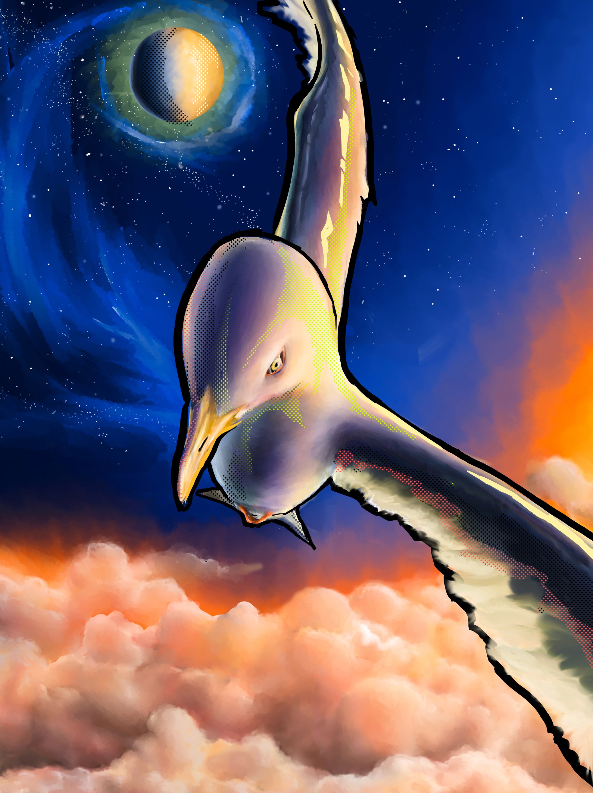 SEAGULL, illustrazione digitale di un gabbiano in volo sopra le nuvole, poster artistico — Design by Marco De Nicolò