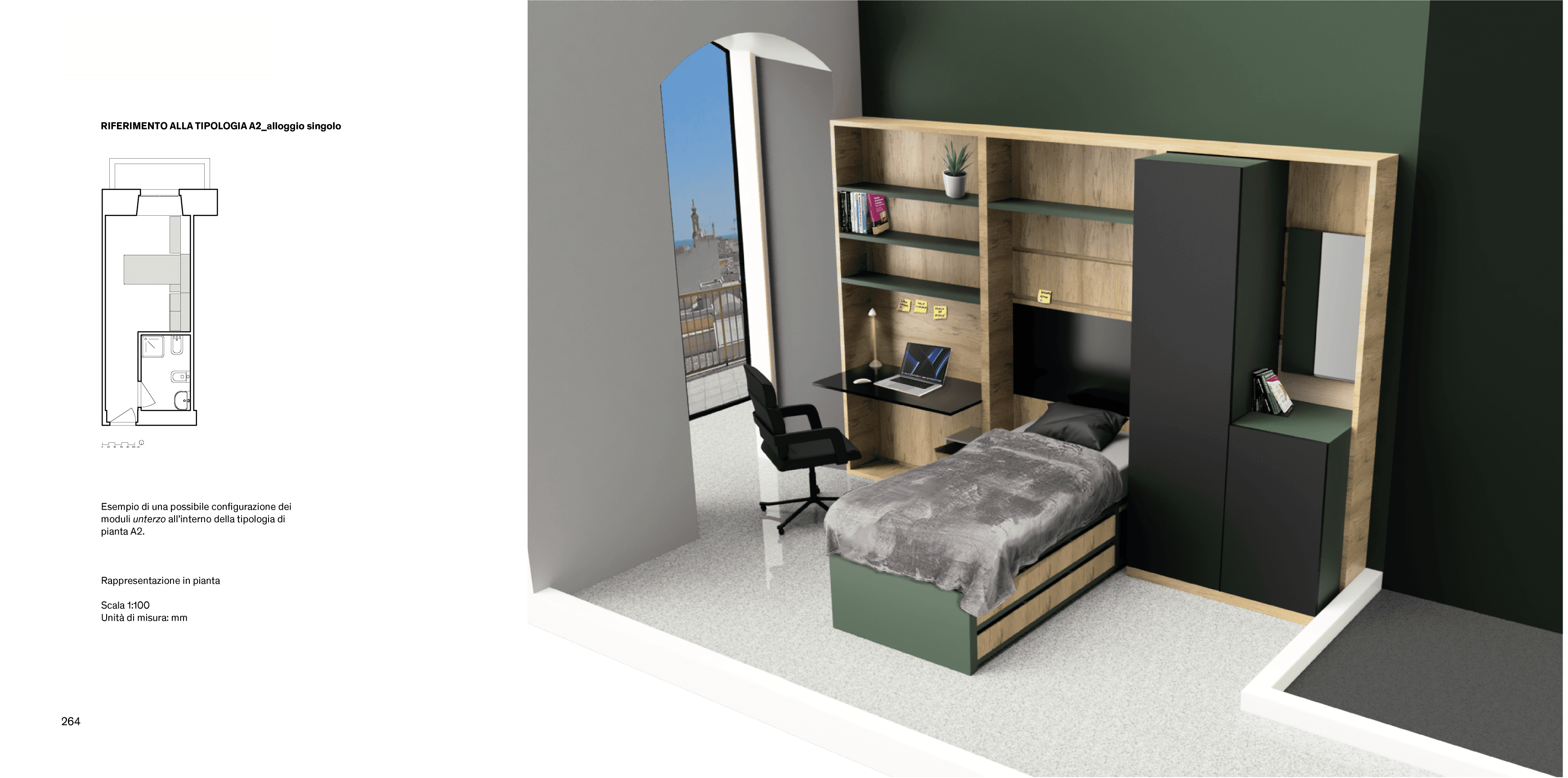 Render finale — configurazione tipologia A2, alloggio singolo