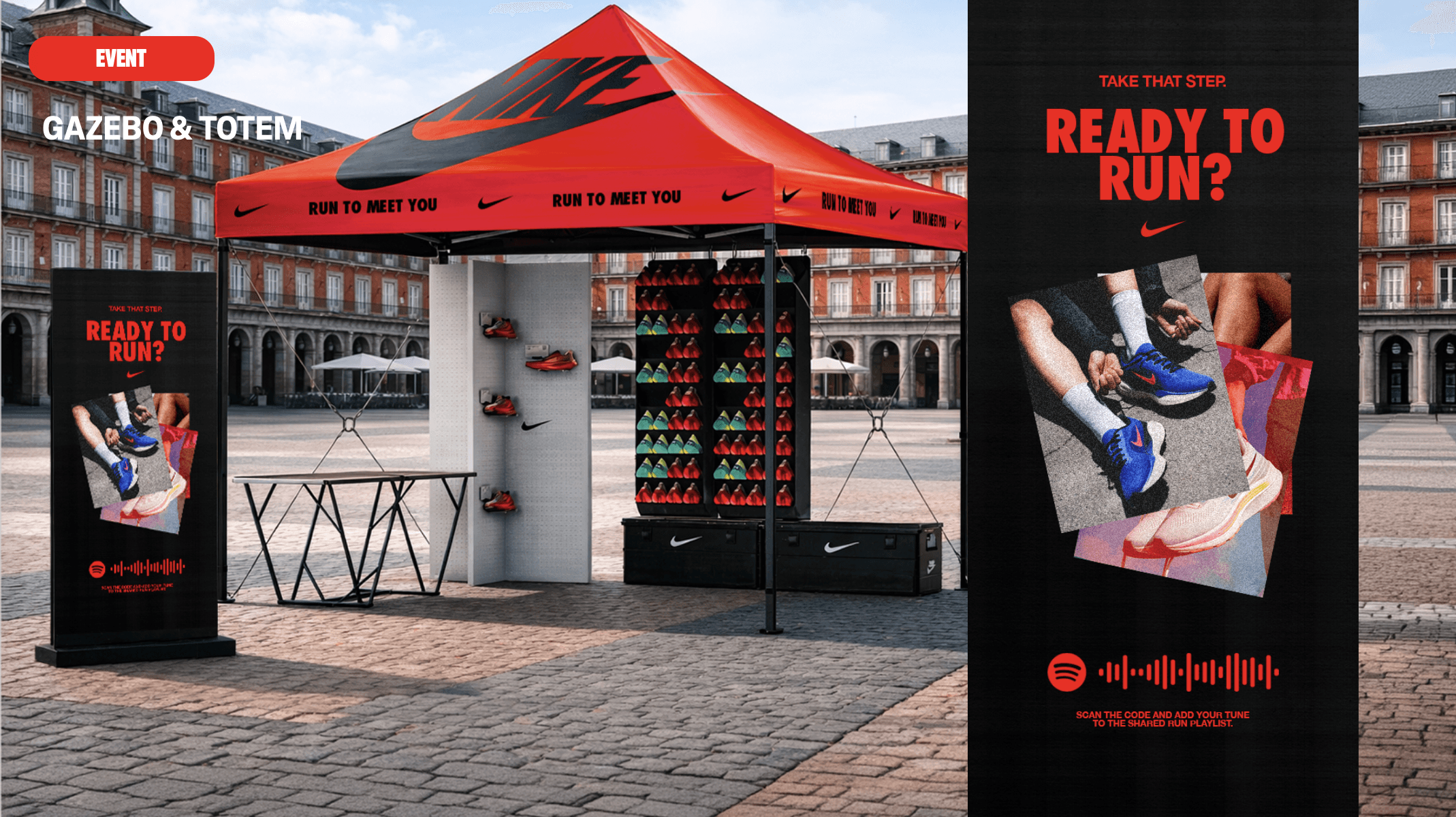 Nike Running — hub di attivazione con gazebo e totem 'Ready to run?'