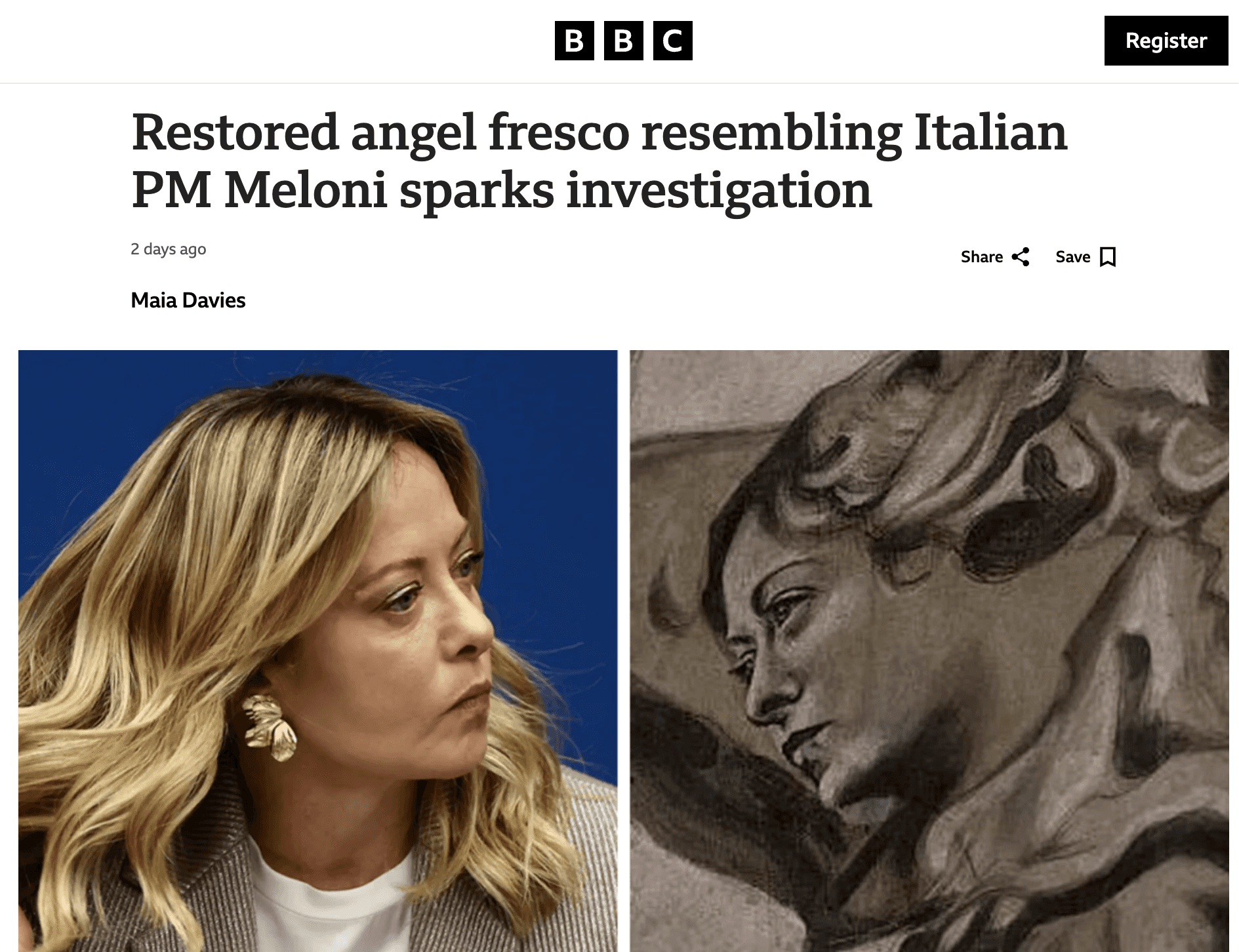 Articolo BBC — affresco restaurato somigliante alla premier italiana